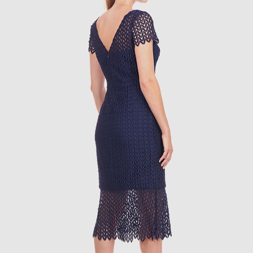 Kay Unger TATUM Black Lace Floral Petals Short Sleeve Midi Cocktail Dress - Picture 11 of 12